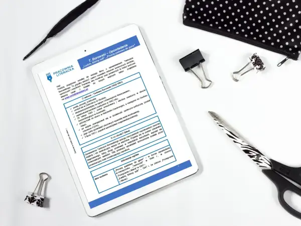 Tablet z notatkami o Tadeuszu Borowskim, pióro, spinacze i nożyczki.