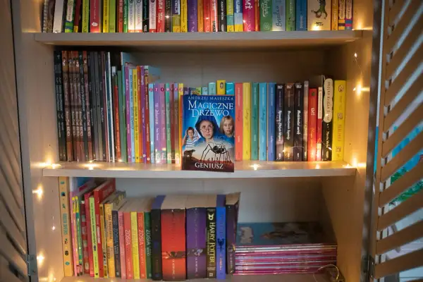 Półka z książkami, na środku książka "Magiczne Drzewo" Andrzeja Maleszki, ozdobiona lampkami.