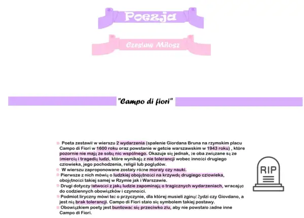 Wiersz "Campo di fiori" Czesława Miłosza zestawia spalenie Giordana Bruna z powstaniem w getcie warszawskim, ukazując obojętność i brak tolerancji.