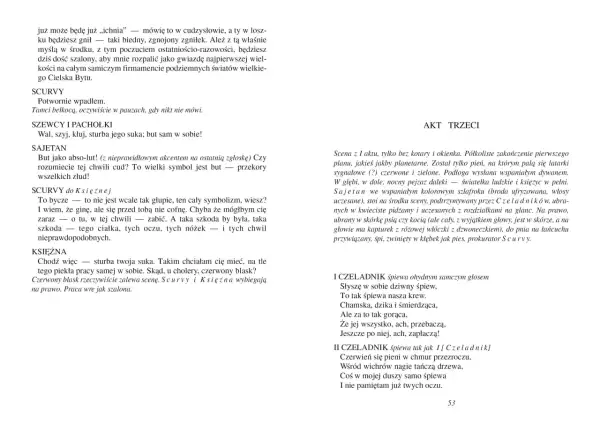 Fragment tekstu z nagłówkami i dialogami, z zaznaczonymi imionami postaci.