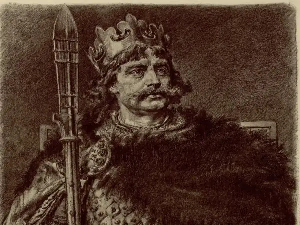 Król w koronie i futrzanej narzucie, z włócznią w dłoni. Mówcie mi Bezprym, władca dumny i surowy.