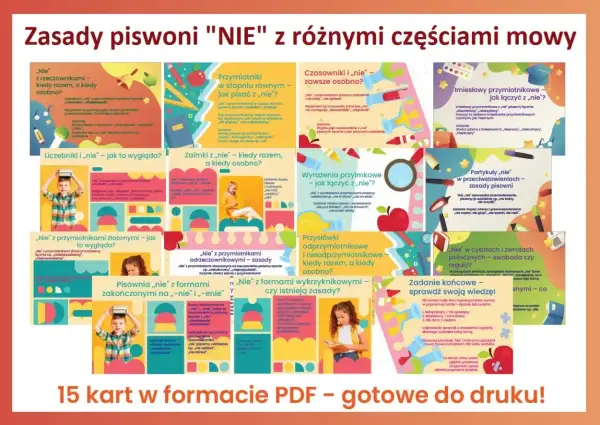 Grafika z zasadami pisowni "nie" z różnymi częściami mowy, z ilustracjami i przykładami.