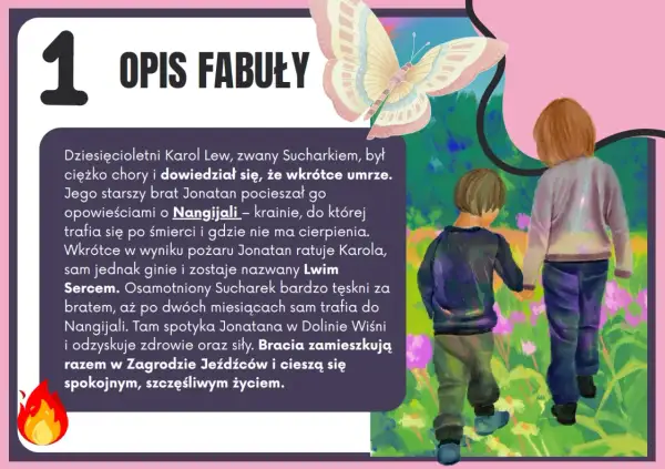 Streszczenie Bracia Lwie Serce: Karol Lew, zwany Sucharkiem, umiera, ale jego brat Jonatan ratuje go z pożaru, ginąc sam. Sucharek trafia do Nangijali, gdzie odnajduje brata i żyją szczęśliwie.