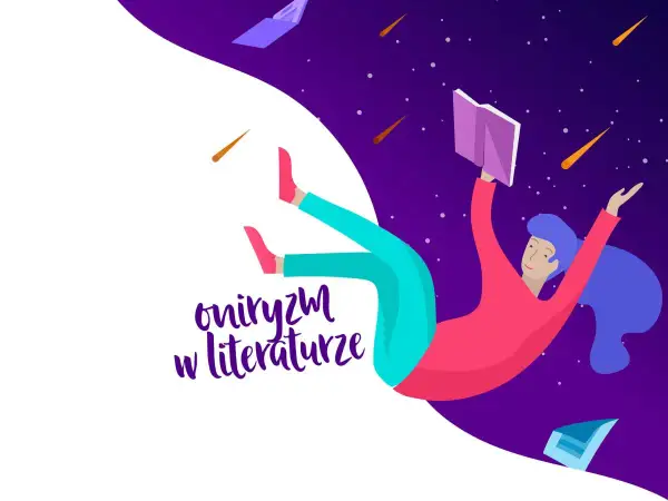 Osoba czytająca książkę w kosmosie, otoczona spadającymi gwiazdami i latającymi książkami. To właśnie oniryzm w literaturze – podróż do świata snów i wyobraźni.