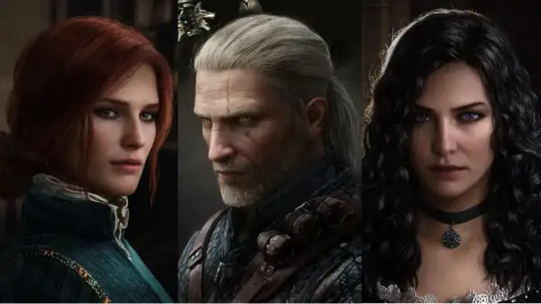 Trójka bohaterów: rudowłosa Triss, wiedźmin Geralt i czarodziejka Yennefer. To właśnie o nich jest Wiedźmin.