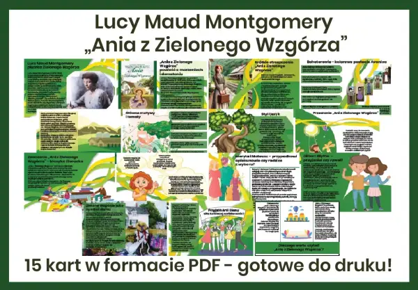 Kolorowa grafika z fragmentami tekstu i ilustracjami z książki "Ania z Zielonego Wzgórza".