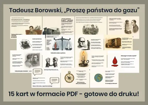 Tadeusz Borowski, „Proszę państwa do gazu” – 15 kart w formacie PDF. Obraz przedstawia kolaż grafik i tekstów o obozach koncentracyjnych.
