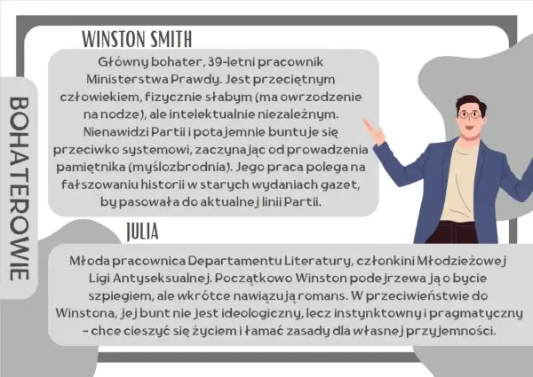 Winston Smith, główny bohater, pracownik Ministerstwa Prawdy. Nienawidzi Partii, buntuje się, prowadząc pamiętnik. Jego charakterystyka jest kluczowa.