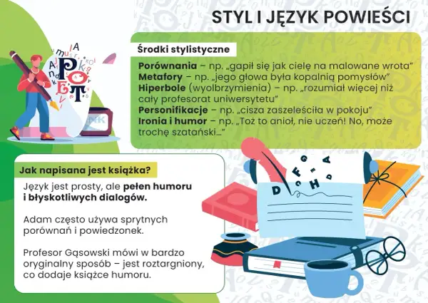 Ilustracja przedstawia chłopca piszącego piórem, otoczonego literami i książkami. Tekst opisuje środki stylistyczne, w tym ironię i humor, który może być "trochę szatański".