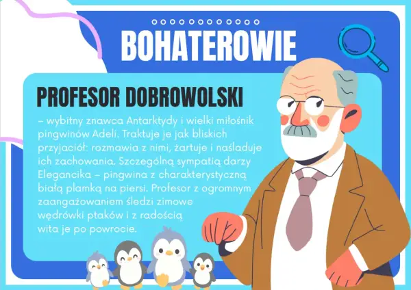 Ilustracja przedstawia profesora z wąsami i okularami, otoczonego przez pingwiny.