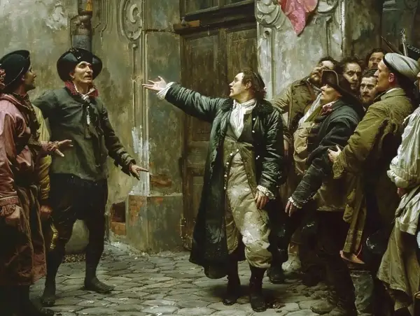 Mężczyzna w stroju z epoki gestykuluje, opowiadając historię tłumowi. To nie boska komedia, a scena z życia ulicy.