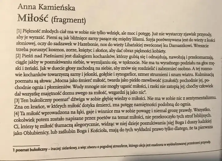 Fragment "Miłości" Anny Kamińskiej. Pieśń nad Pieśniami jako dialog kochanków, opis miłości silnej jak śmierć i ogień.