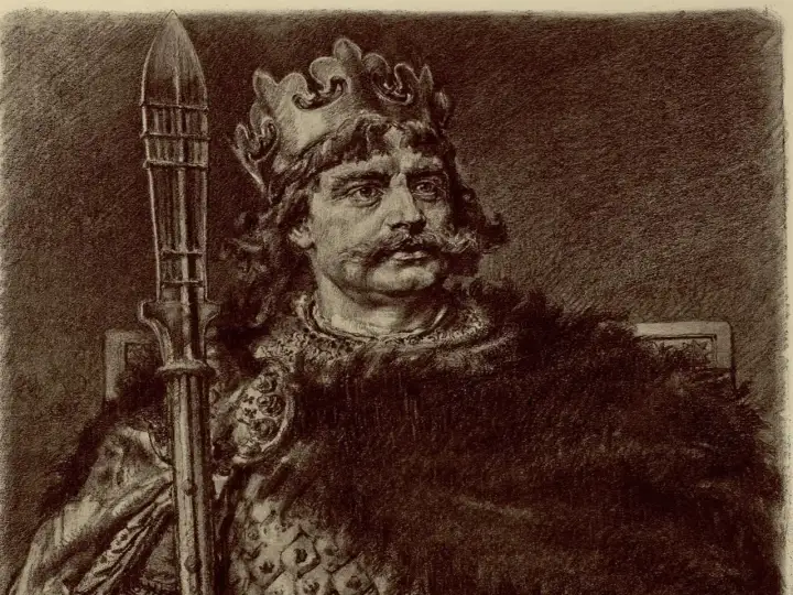 Król w koronie i futrzanej narzucie, z włócznią w dłoni. Mówcie mi Bezprym, władca dumny i surowy.